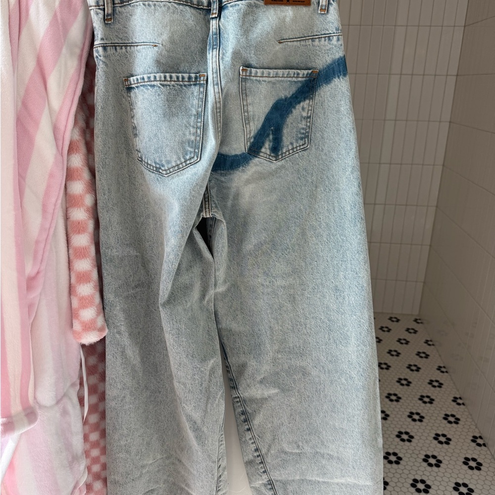 REVICE Blue and White Flare Wide Leg Jeans